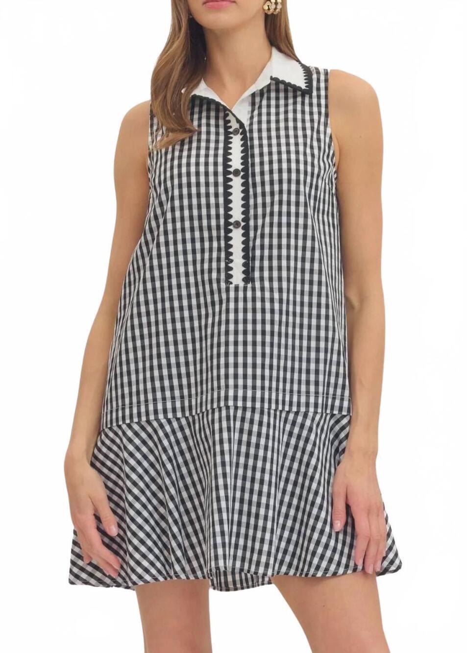 NEW ENTRO gingham cotton mini dress in black